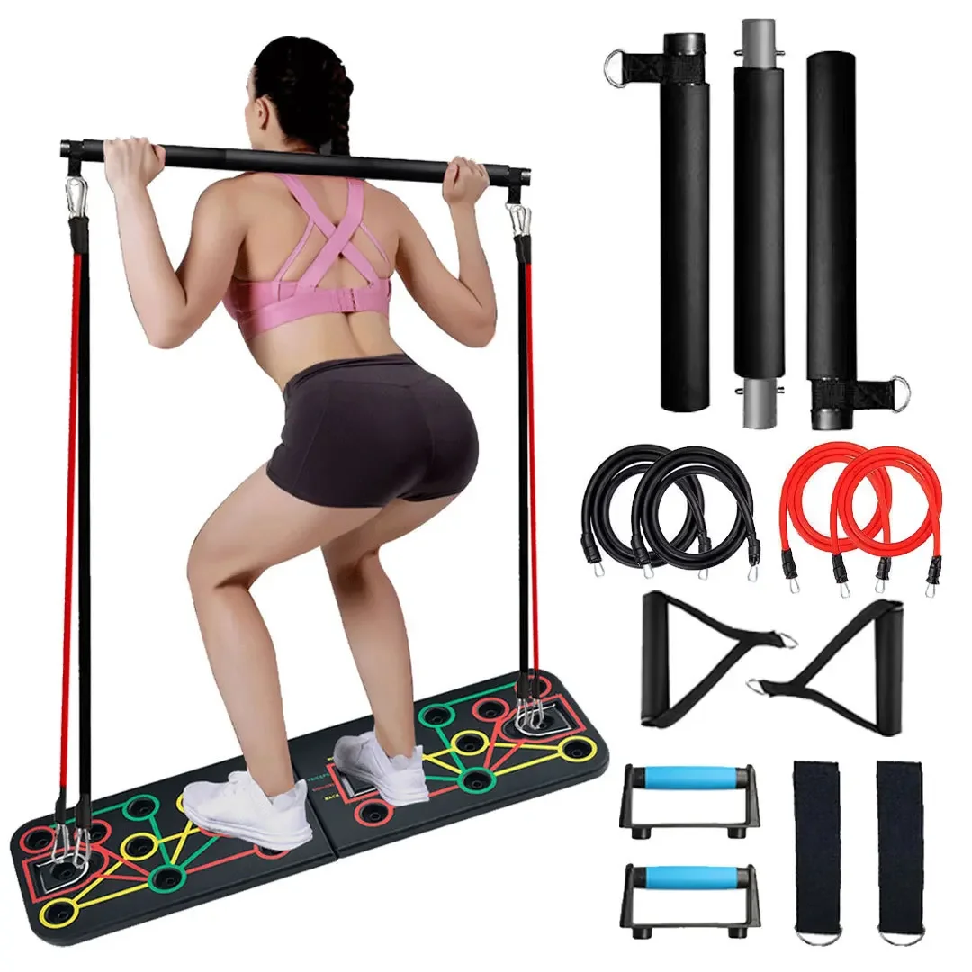 Сгъваеми 160lbs Гумени ленти Deep Squat Bar ABS Push Up Stands Board Frames Rack Chest Arm Home Gym Muscle Strength Exercise