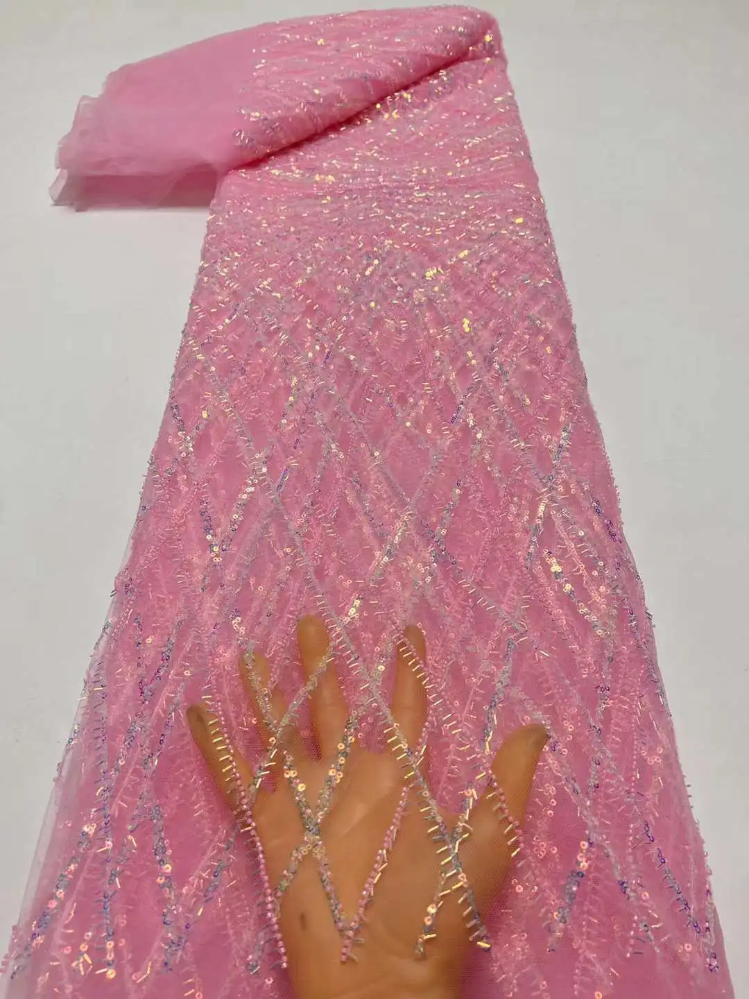 африкански тюл дантела плат розов високо качество дантела материал френски нигерийски луксозни пайети мъниста дантела плат за сватба шиене 0