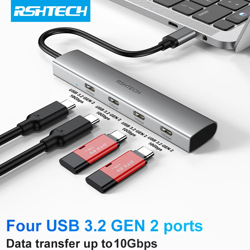 RSHTECH 10Gbps USB C хъб 4 порта USB C към USB 3.2 Gen 2 сплитер преносим мултипортов разширител за лаптоп MacBook Chromebook
