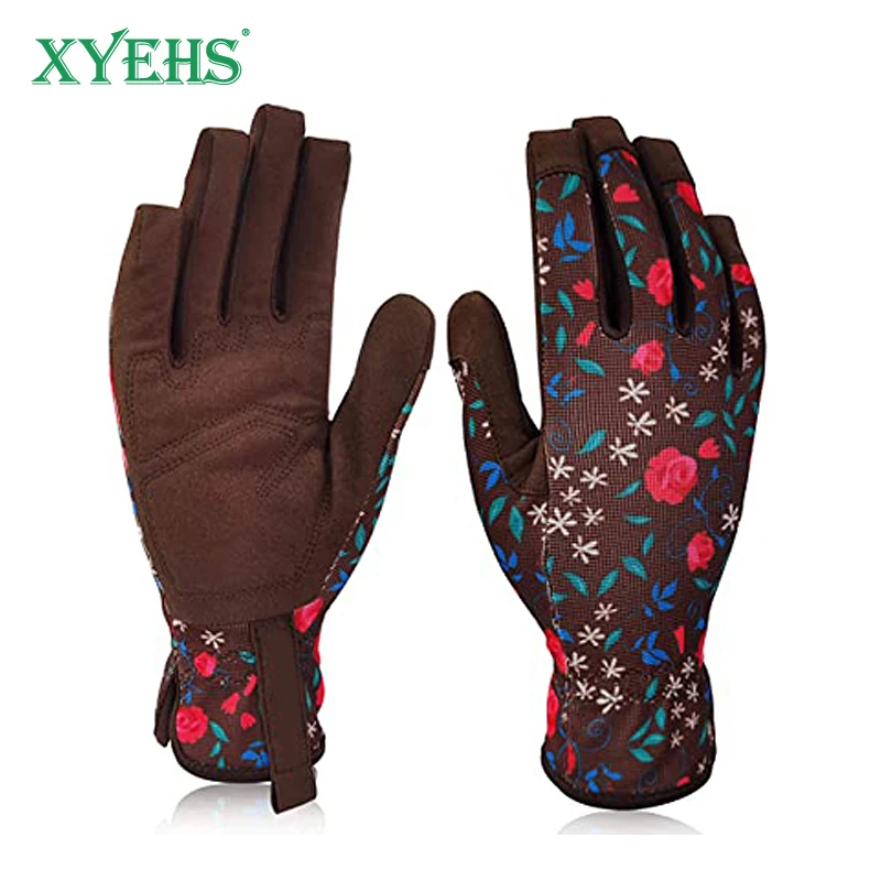 XYEHS 1 чифт жени флорални синтетични кожени градинарски ръкавици плевене работни ръкавици трън доказателство за копаене, засаждане, резитба