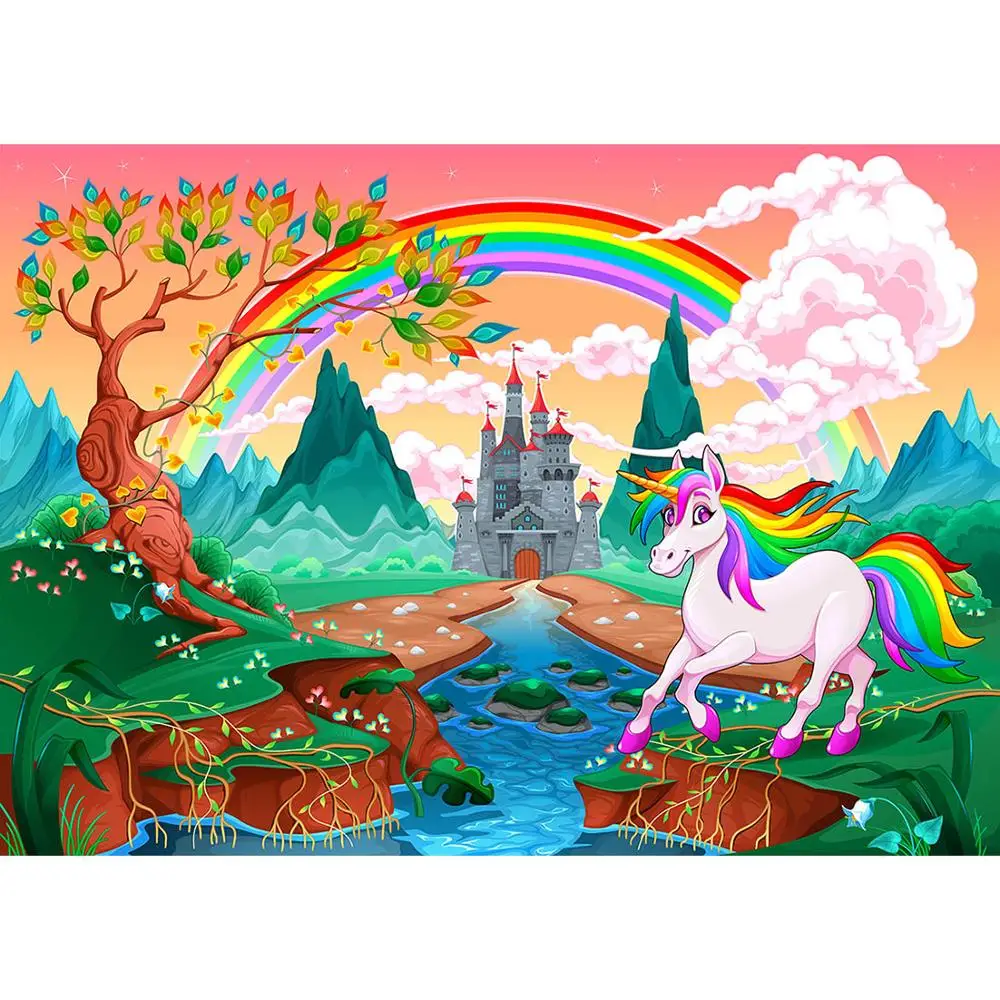 Еднорог Rainbow Castle Планинска фотография Фон Винилови декори за бебета Деца Рожден ден Фотофон Фото студио