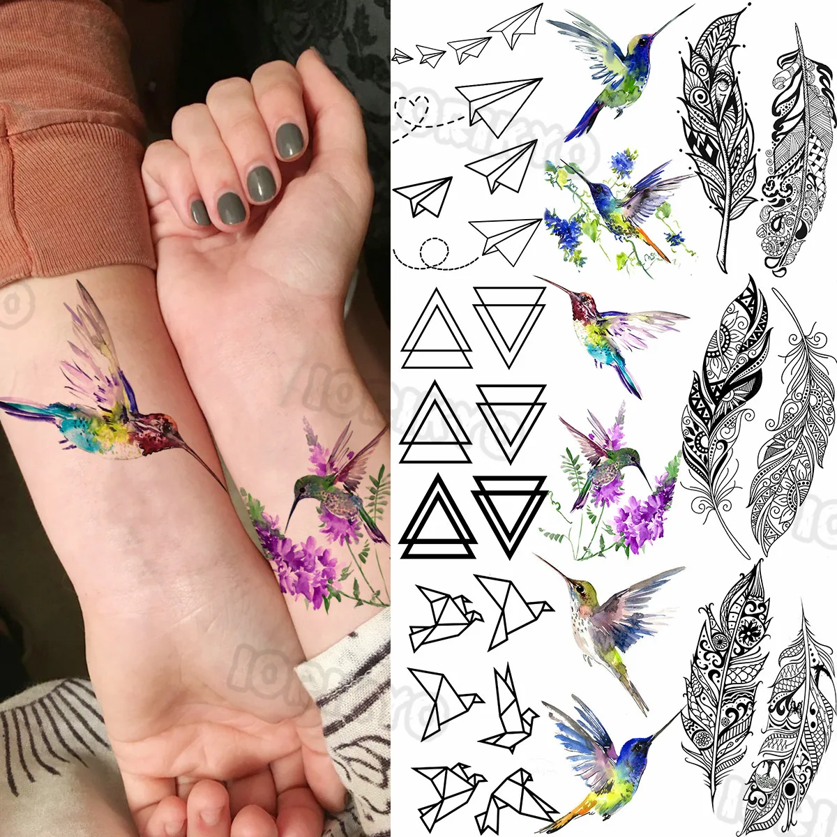 Цветна колибри малка временна татуировка за жени Геометрично перо хартия самолет фалшив татуировка стикер предна ръка тяло Tatoos 0