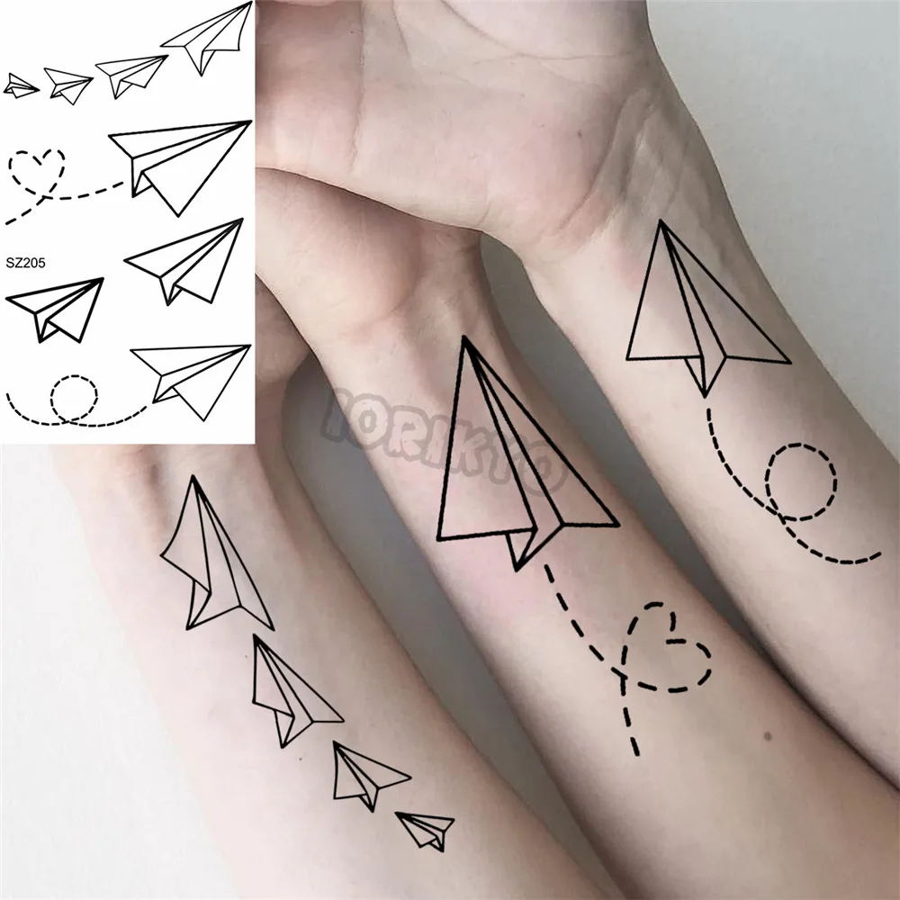 Цветна колибри малка временна татуировка за жени Геометрично перо хартия самолет фалшив татуировка стикер предна ръка тяло Tatoos 4