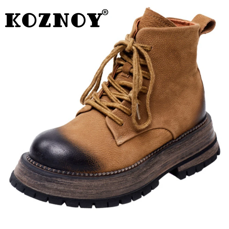 Koznoy 4,5 см естествена естествена кожа краве велур ботуши есен жени буци платформа удобен пролет каучук подметка глезена ботуши обувки