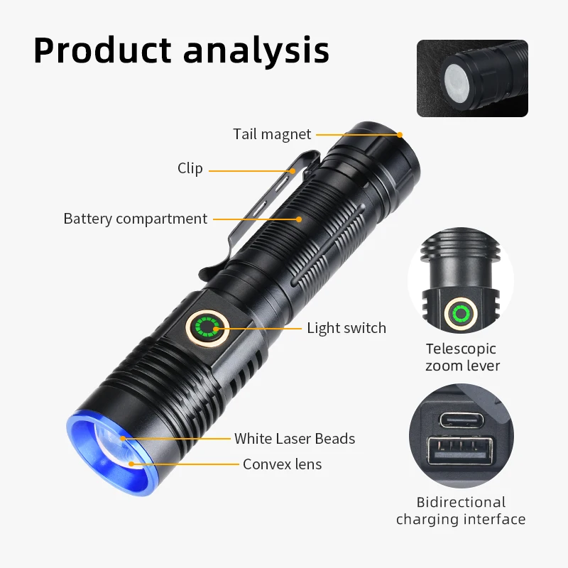 2000M Utra мощен LED фенерче тактически фенерче USB акумулаторна фенерче 18650 къмпинг фенер водоустойчива ръчна лампа 2