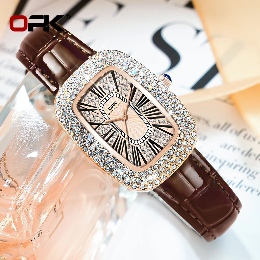 OPK Разширено кварцов дамски часовник мода ретро римски мащаб диамантен циферблат мека и дишаща кожена каишка луксозен дамски часовник