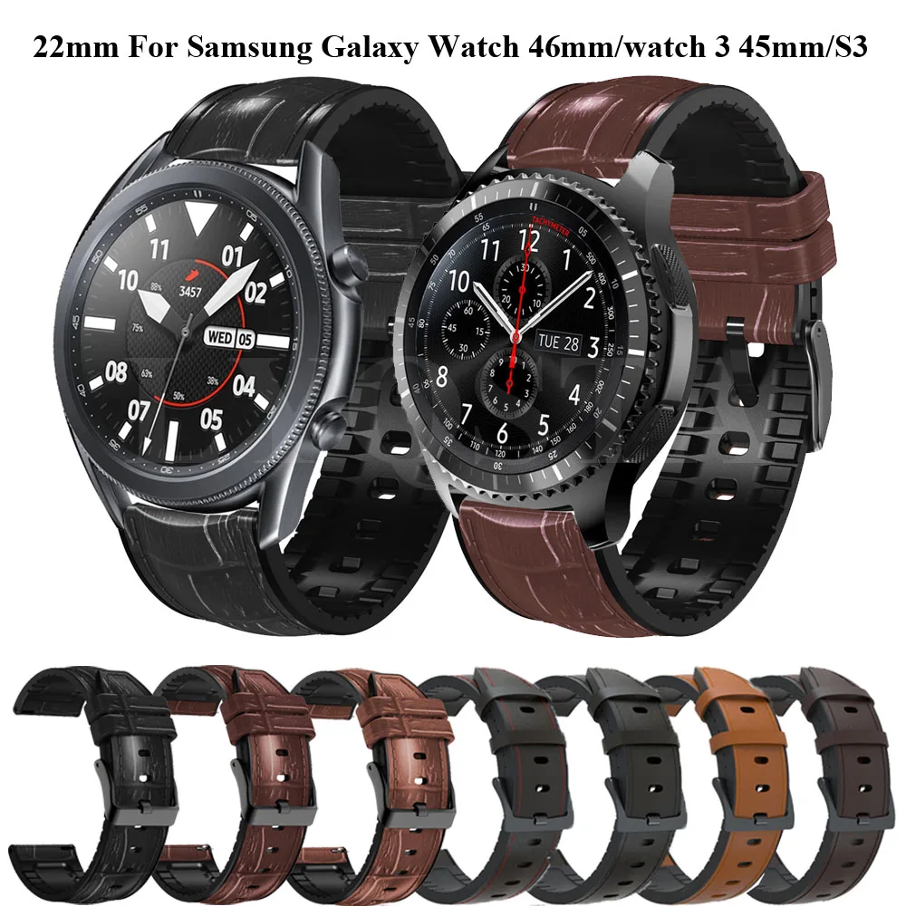 22mm кожа + силиконова лента за часовник за Samsung Galaxy Watch 3 45mm 46mm / Gear S3 бързо освобождаване каишка часовник маншет аксесоари