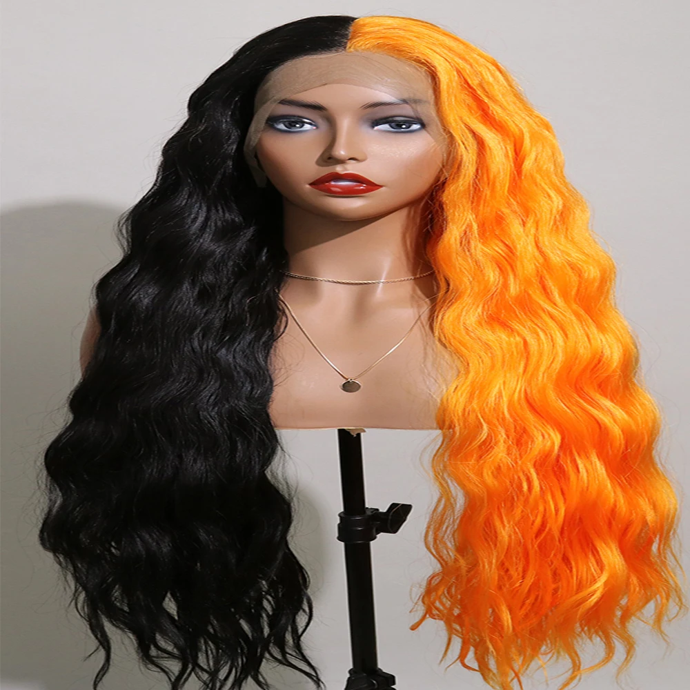 Синтетична дантела предна перука топлоустойчива знаменитост момиче парти половин оранжево 13x4 плътност 180 черна дълбока вълна косплей за жени