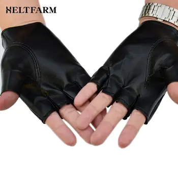 1 чифт мода половин пръст кожени ръкавици кожа без пръсти къси ръкавици черни нитове стъд половин пръст ръкавици