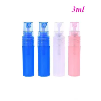 12pcs / партида 3ml малък розов естествен полупрозрачен син парфюм мъгла спрей бутилка матирано пластмаса празен тонер парфюм контейнер