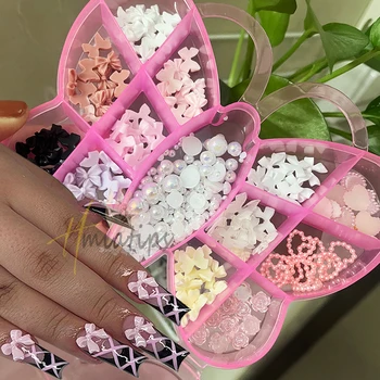 1Box розова панделка смола лък нокти чар 3D кристал нокти изкуство декорация аксесоари консумативи за DIY корейски маникюр дизайн