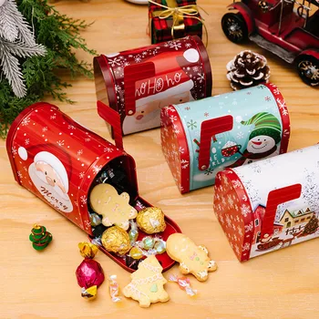 1pc Коледна тема подарък кутия пощенска кутия форма творчески ламарина пост за бонбони играчки декорация случайни пратка метална подаръчна кутия