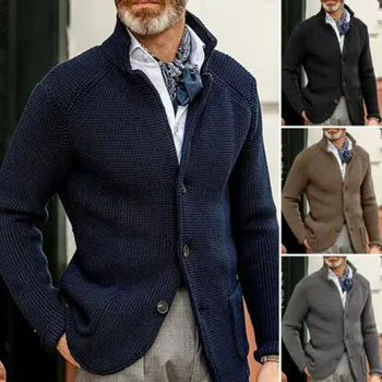 2023 Мъжко яке Зимен пуловер Стояща яка жилетка бутон случайни мода плета яке тенденция мъже дълъг ръкав запази топло
