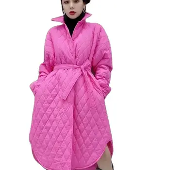 2023 Ново дамско памучно палто Корейска мода Есен Зима Ветробран Дълго удебелен Топло надолу памук палто с колан женски