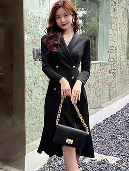 2023 Черен елегантен офис дама рокля есен зима дълъг ръкав v-образно деколте шик разрошени дълга рокля жени корейски реколта Хепбърн рокля