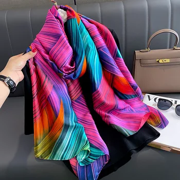 2024 Популярни 180X90CM топъл хиджаб мода сатен завърши шалове Четирите сезона дизайн шалове луксозна марка жени печат копринен шал