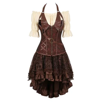 3 парчета Steampunk корсет рокля ренесанс готически изкуствена кожа корсет реколта рокля корсет върховете пола пират косплей костюм