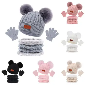 3Pcs/Set Зимни бебе Beanie Heat Neckerchief ръкавици комплект плюшени топки декор плетене шапка удебелен шал плътен цвят ръкавици комплект
