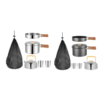 5 парчета къмпинг съдове за готвене комплект открит готвач съоръжения кухненска посуда неръждаема стомана къмпинг тенджера тиган и кана за backpacking пикник