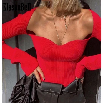8.29 KlasonBell мода секси квадратна яка дълъг ръкав тънък плетен пуловер жени