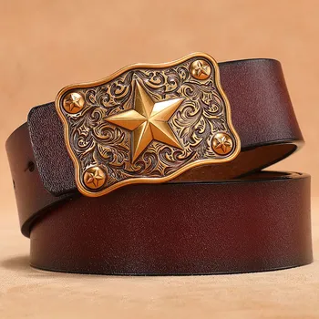 Aged Metel Pin Buckle Fashion Mens Leisure Belt Split Leather Waist Strap Jeans Accessories Stars Pattern Punk Army Funs Cinto