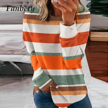 Casual модел отпечатани дълъг ръкав върховете 2023 нови дами O-образно деколте хлабав пуловер есента жени сплит суитчър тениска Streetwear