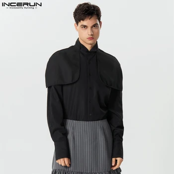 Casual стилен стил върховете INCERUN 2023 мъжки текстура шевове фалшиви ризи от две части твърди рамо подложка дълъг ръкав блуза S-5XL