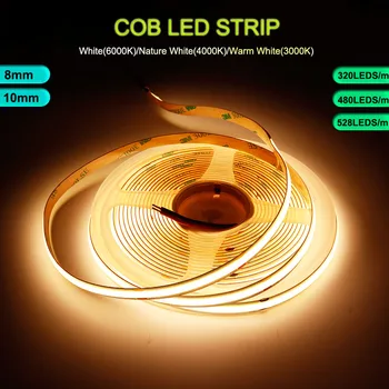  COB LED светлинна лента 3000-6500K RA90 Led светлини 320 480 528LED / m Гъвкава лента с висока плътност Лента червена зелена синя DC5V / 12V / 24V