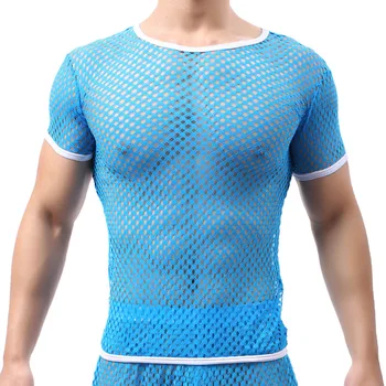 Cut Out Mesh Pyjama Set Мъжка тениска с къс ръкав Дрехи Секси Дишаща жилетка + Шорти Начало Костюми Пижами Костюм