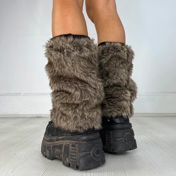 Darlingaga Grunge Fashion Faux Fur Warm Leg Sock Furry Autumn Winter Vintage Leg Warmers Outfits Midi Legs Women Bottom Harajuku 2