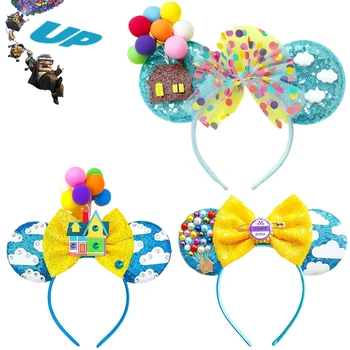 Disney Up ленти за глава Kids Pixar White Clouds Ears Hair Bands Girl Yellow Sequins Bow Hot Air Balloon House Hair Accessories Women