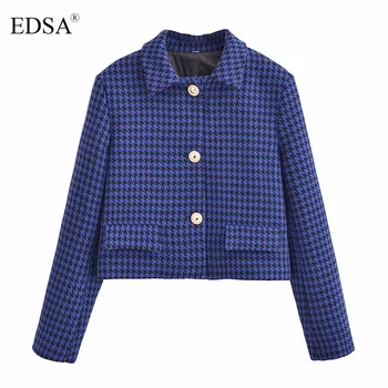 EDSA жени мода синьо текстурирани Houndstooth нетактичност яке ревера яка дълги ръкави подплатени рамото изрязани палто връхни дрехи