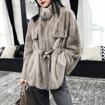 Fashion Real Mink Fur Women Coat with Mandarin Collar 100% Real Fur Long sleeves Winter Warm Thick Whole Mink Fur Thick Jacket