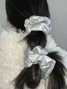 Fashion Silver Pu Faux Големи ластици Гумени ленти Връзки за коса Ластици от дъвка Държачи за конска опашка за жени момичета 15 Мама 3.5CM