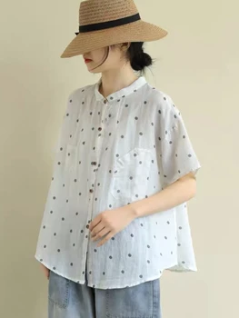 Fashion Дамска блуза 2023 Летни Polka Dot извънгабаритни ризи Ежедневни жени с къс ръкав Блузи Дамско облекло Ретро блуза