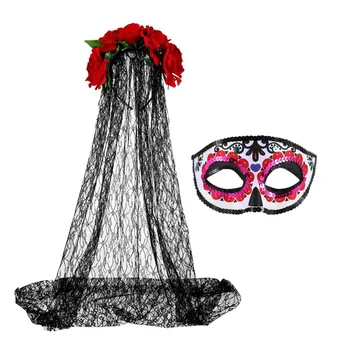 Frcolor Rose Veil лента за глава костюм цвете корона шлем с маска за Хелоуин Cosplay парти