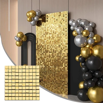 Glittery Sequin Backdrop Panels Gold Shimmer Sequin Wall Panel Set Set Of 8 Square Panels For Wedding And Party Decorations
