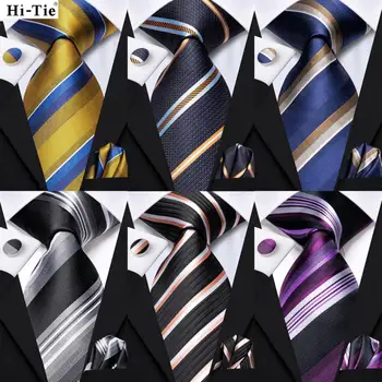 Hi-Tie мъжки мода раирана тъмно синя вратовръзка кърпичка копчета за ръкавели за смокинг аксесоар класически коприна луксозна вратовръзка за мъж подарък