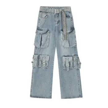 High Street извънгабаритни хип-хоп карго дънки мода улично облекло хлабав годни Y2K дънкови панталони с мулти джобове торбести панталони
