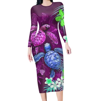 HYCOOL 2021 Пролет лилаво стилен рокля дълъг ръкав секси O-образно деколте Bodycon рокли Хавай флорални морски костенурка печат рокли Вестидо
