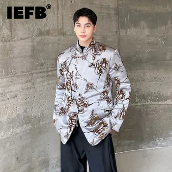 IEFB зимни сатенени цветя памук облекло удебелени мъжки стоящи яка подплатени якета нов китайски стил печат върховете 9C3116