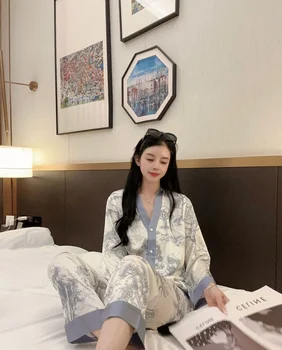 Lisacmvpnel печат мода жени пижами лед коприна спално облекло дълъг ръкав костюм пижами 3