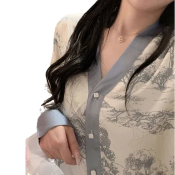 Lisacmvpnel печат мода жени пижами лед коприна спално облекло дълъг ръкав костюм пижами 4
