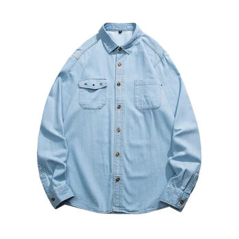 M-4XL обикновен цвят пролет есен мъжки случайни риза бутон надолу ризи дълъг ръкав деним работа риза с двойни джобове гърдите 0