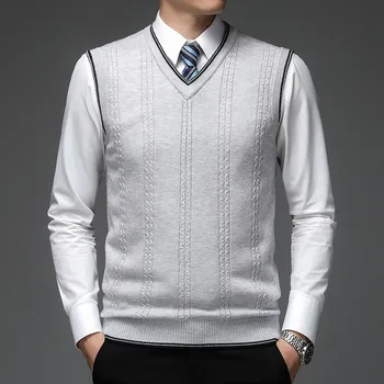 New Autum Fashion Brand Solid 6% вълнен пуловер Пуловер V врата плетена жилетка Мъже Модерен без ръкави Ежедневни Най-високо качество мъжко облекло 2