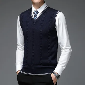 New Autum Fashion Brand Solid 6% вълнен пуловер Пуловер V врата плетена жилетка Мъже Модерен без ръкави Ежедневни Най-високо качество мъжко облекло 3