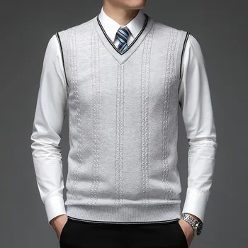 New Autum Fashion Brand Solid 6% вълнен пуловер Пуловер V врата плетена жилетка Мъже Модерен без ръкави Ежедневни Най-високо качество мъжко облекло 5