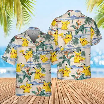 Pokemon Хавайска риза Мъже Жени Риза с къс ръкав с копче нагоре Pikachu Хавайска риза Casual Beach Vacation Shirt Hawai