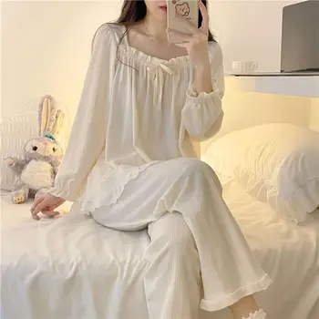 Ruffles спално облекло жени пижама комплекти дантела нагоре дълги панталони комплекти 2 парчета Piiama твърди корейски стил пълен ръкав есента нощ носи