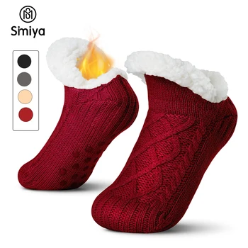 SIMIYA чехъл чорапи жени термични чорапи без хлъзгане дебели дами трикотажни уютен руно облицовани зимни пухкави легло чорапи с grippers